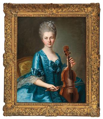 A young lady in a light-blue silk dress playing a violin by 
																			Guillaume Voiriot